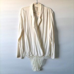 Free People Womens Ivory Long Sleeve Surplice V Neck Lace Floral Bodysuit Size L